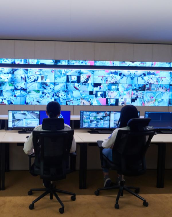 Staff at JK Security Solutions in Canada monitoring live CCTV feeds for enhanced security services.